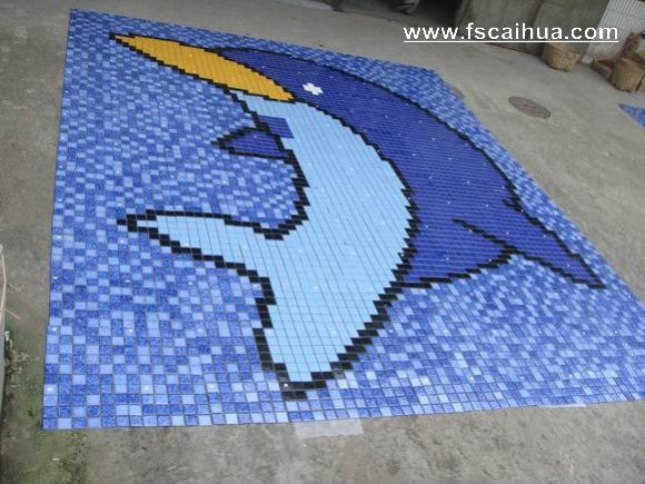 48x48mm陶瓷马赛克拼出的海豚泳池拼图